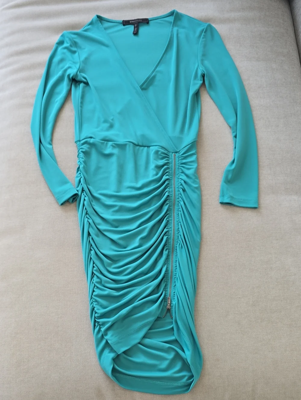 BCBG MAX AZRIA Teal Ruched Wrap Long Sleeve Midi Dress